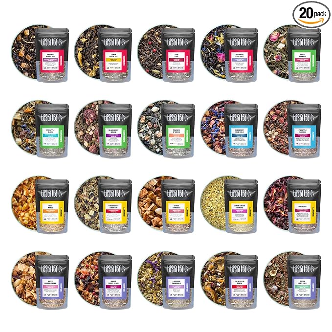 Tiesta Tea - Discovery Sampler Dry Flight Set, Loose Leaf, High to No Caffeine, Hot & Iced Up to 200 Cups, Tea Variety Pack with Green, Herbal, Black & Chai Brew, 20 Resealable Sample Pouches