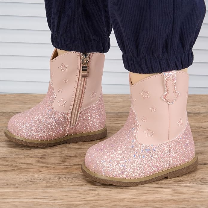 Newsonet Baby Cowboy Cowgirl Boots Infant Western Boots Toddler Boys Girls Round Toe Riding Mid Calf Boots All Seasons for 6 9 12 18 24 Months