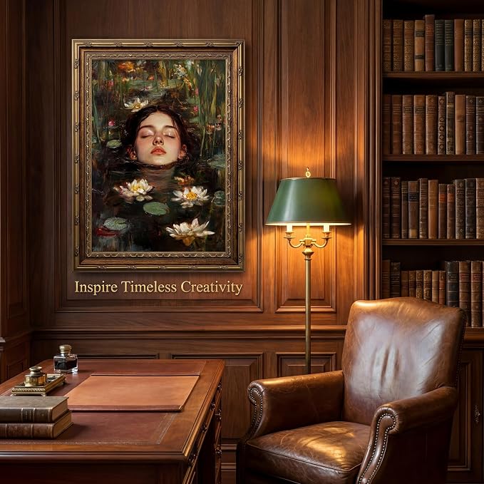 Vintage Gold Framed Gothic Wall Art, Ophelia Inspired Woman Portrait Print | Dark Academia Romantic Victorian Oil Painting Canvas Print Picture Wall Decor for Living Room Bedroom Office, 16x24 Inch