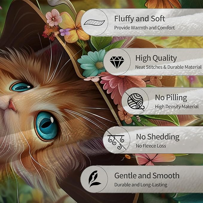 Cute Cat & Floral Blanket, Soft Warm Lightweight Flannel Throw Blanket for Couch, Bed, Travel & Outdoor, Cozy Fluffy Fuzzy Blankets for Women Girls, Home Decor 50×40 in