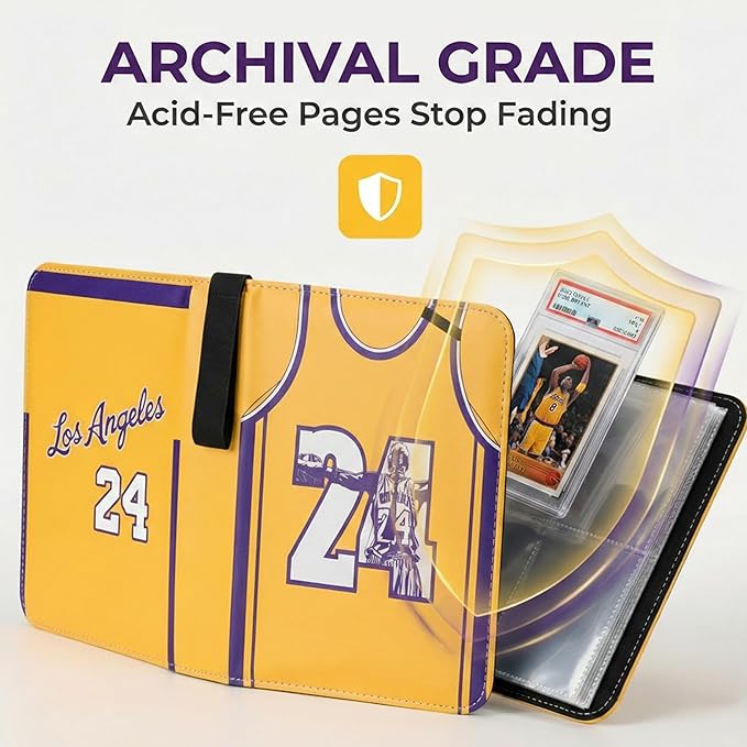 HBK Basketball Card Binder 400 Pockets, Waterproof PU Leather Sports Card Holder with Zipper, 3-Ring Trading Card Album with 50 Removable Sheets, Yellow (KB24)