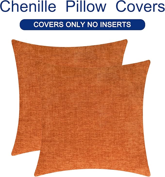 CaliTime Fall Decorative Throw Pillow Covers 22 X 22 Inches Burnt Orange | Pack of 2, Cozy Chenille Cushion Cases for Sofa Bed Living Room Farmhouse Home