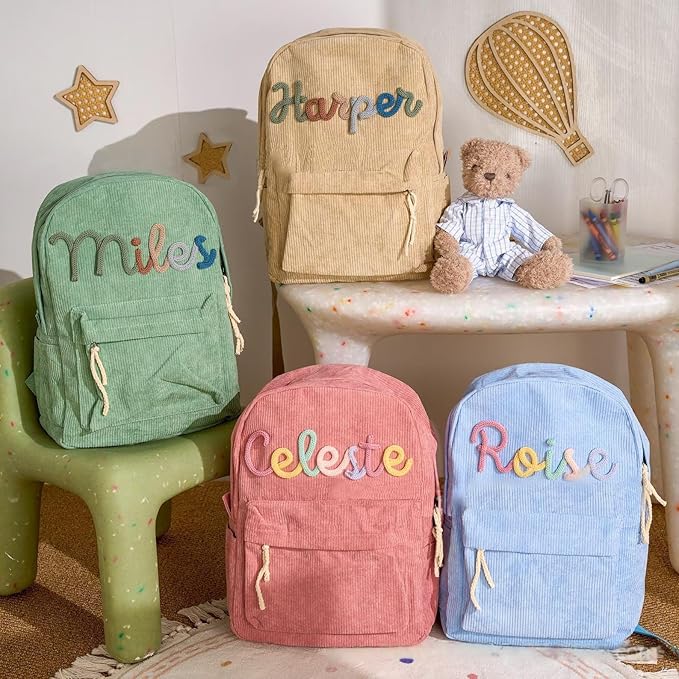 Personalized Backpack for Girls/Boy with Name, Custom Corduroy School Bag with Cotton Rope Woven, Back to School Bag for Kids, Birthday/Christmas Gift, Children Gift