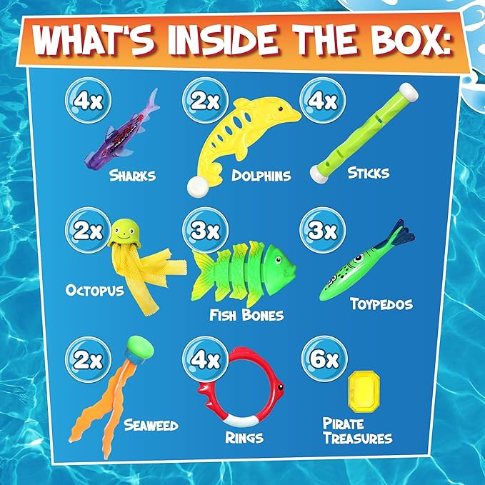 Chuchik 30 Pcs Diving Toys, Swimming Pool Toys for Kids Ages 4-8 8-12 with a Storage Net Bag. Pool Dive Toys for Kids. Pool Games, Swim Summer Water Toys. Include Diving Sticks & Pool Rings