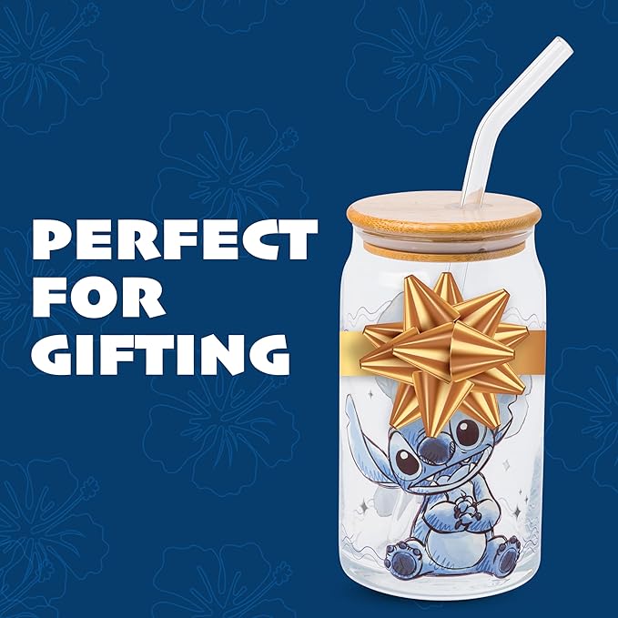 Silver Buffalo Disney Lilo and Stitch Sitting Glass Jar Tumbler with Bamboo Lid and Glass Straw, 16 Ounces
