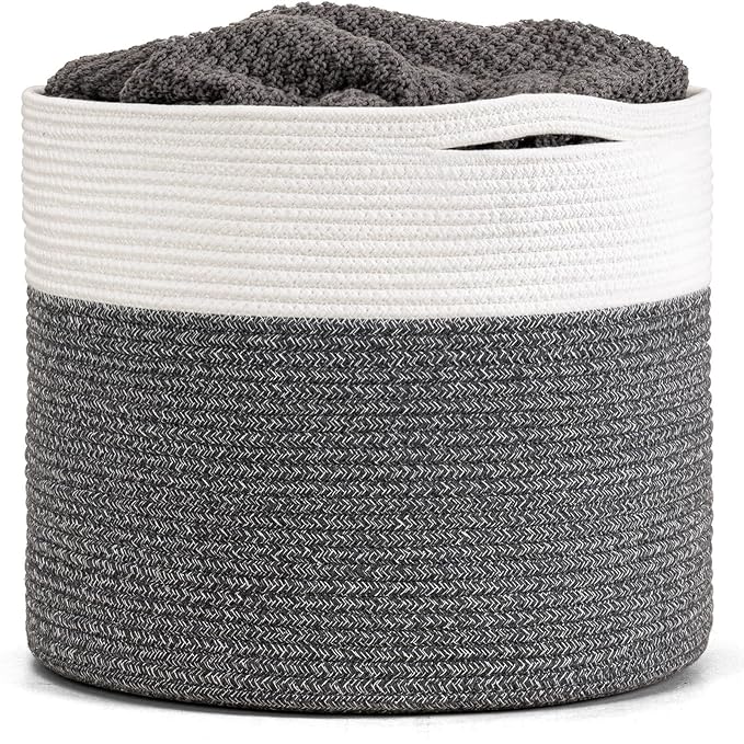 Goodpick Woven Blanket Basket Living Room, Toy Bin for Playroom, 45L | 15.8 x 15.8 x 13.8 In Toy Storage Basket for Nursery, Blanket Basket for Living room, Laundry Basket, Gray