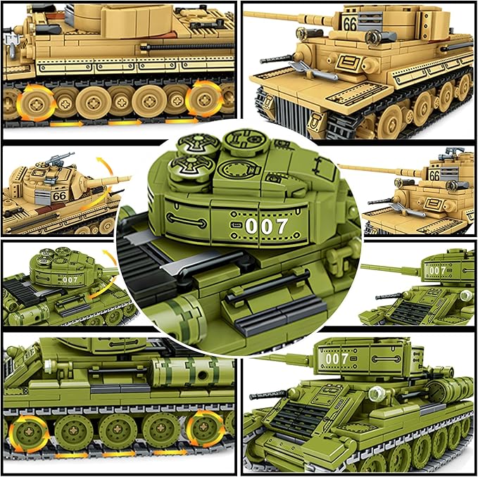 WW2 Tank Building Blocks Set – German Tiger and Soviet T-34 Army Tank Military Model Kits, Toy Gifts for Boys and Men Collectors