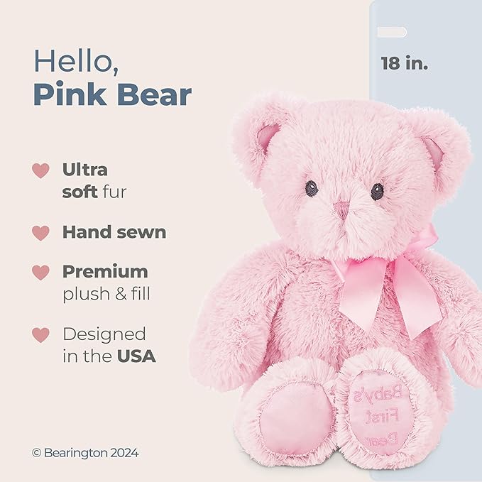 Bearington Collection Teddy Bear for Baby Girl - 18" Pink Plush - Soft Cuddly Stuffed Animal - First Teddy Bear for Newborn & Infant Nursery Gift