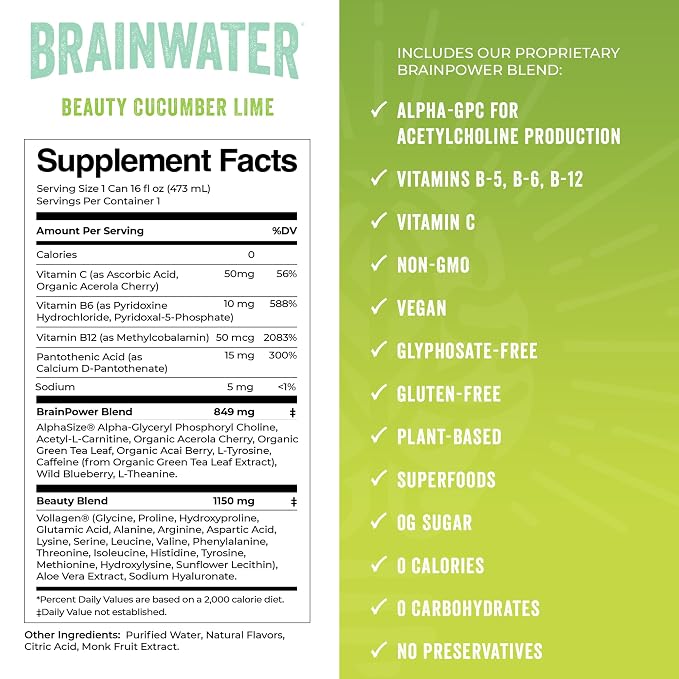 BrainJuice BrainWater Calm, Water for Clean Energy, Focus & Relaxation Support, Gluten Free, Zero Sugar Drinks with Ashwagandha, Alpha GPC, Vitamin C & B, Organic Green Tea, 8 Pack (Variety Pack)