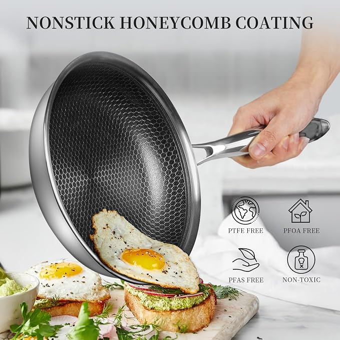 Innerwell 12" Non Stick Frying Pans,Stainless Steel Nonstick Frying Pan | Honeycomb Nonstick Coating, PFOA-free & Non-Toxic. Compatible with All Stoves, Easy to clean.Oven &Dishwasher Safe