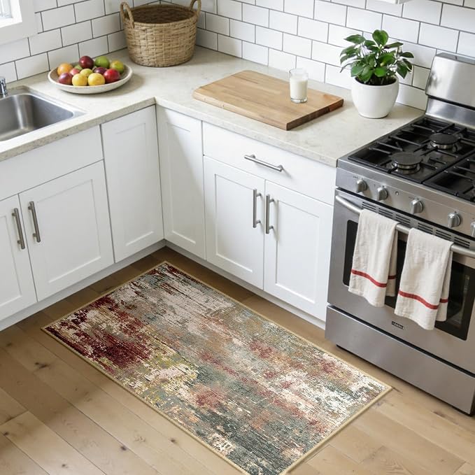 RELEANY Washable 2'x4' Abstract Area Rug for Living Room Rustic Brown | carpet for bedroom, kitchen, office, hallway and entryway, printed pattern, non-slip, soft, stain-resistant, easy to clean