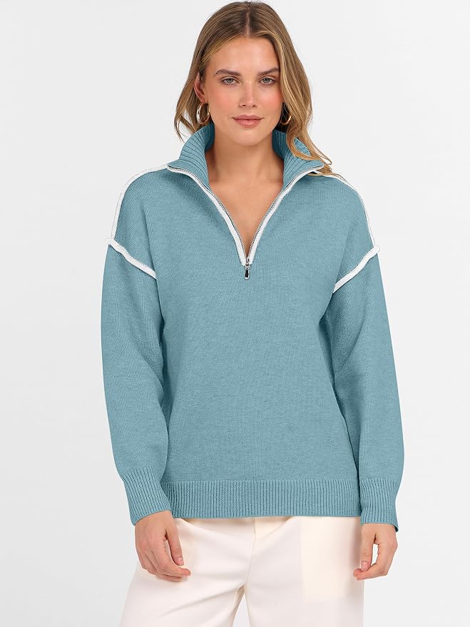 ANRABESS Womens Quarter Zip Sweaters Fall Long Sleeve V Neck Shirts Collared Business Casual Tops Knit Pullover Sweatshirts