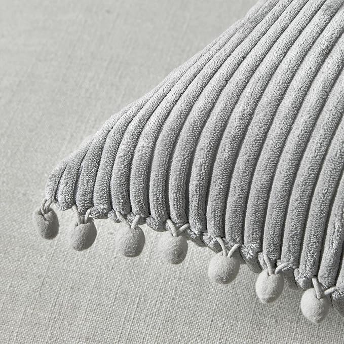 Fancy Homi 2 Packs Neutral Grey Decorative Throw Pillow Covers 18x18 Inch with Pom-poms for Couch Bed Sofa, Aesthetic Modern Organic Farmhouse Boho Home Decor, Soft Corduroy Cute Accent Cushion Case