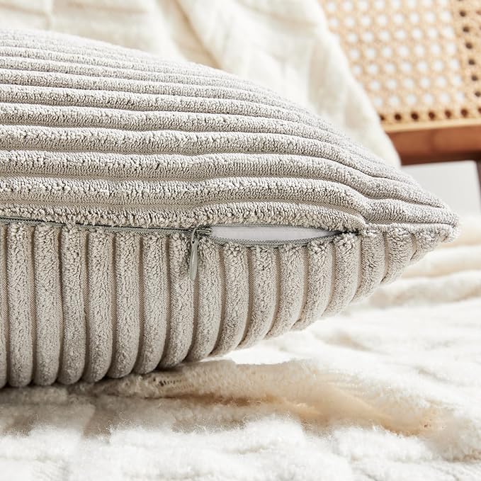 Fancy Homi 2 Packs Neutral Grey Lumbar Decorative Throw Pillow Covers 14x24 Inch for Living Room Couch Bed Sofa, Farmhouse Home Decor, Soft Striped Corduroy Rectangle Accent Cushion Case 35x60 cm