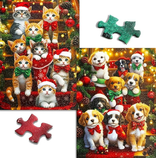 Christmas Puzzles 1000 Pieces, 2-Pack. Sparkling Christmas Vacation Games with Pets - Family Jigsaw for Adults, Fun, Cats & Dogs Scene Wall Art(26.77x19.29 in)