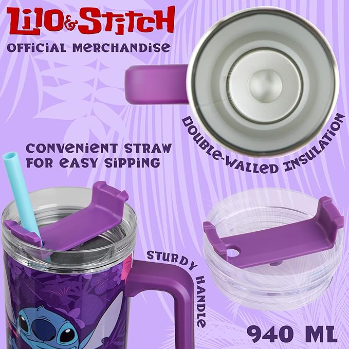 Disney Stitch Insulated Tumbler Travel Mug 33oz Stainless Steel Water Bottle with Handle and Straw Thermal Double Wall Vacuum Insulation Drinks for Hot Cold Ice Cupholder Compatible