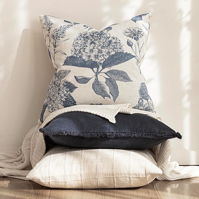 Foindtower Set of 2 Linen Floral Vintage Throw Pillow Covers Neutral Accent Print Decorative Cushion Covers Farmhouse Boho Home Decor for Sofa Chair Couch Bedroom Living Room,22×22 Inch,Blue
