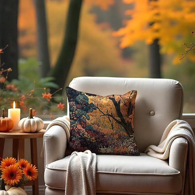 Rustic William Morris Inspired Autumn Forest Decor Throw Pillow Covers 18x18,Fall Home Room Decor, Vintage Botanical Nature Decorative Throw Pillow Covers for Home Bedroom Living Room