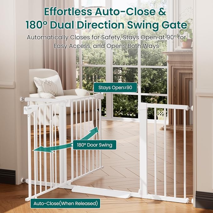 Cumbor 2 Pack 30-54" Baby Gate for Stairs, Dual Lock & Self-Closing Dog Gate for Doorways, Easy Install Pressure Mounted Pet Gates Indoor, Easy Walk Thru Wide Safety Proofing for Babies & Pets, White