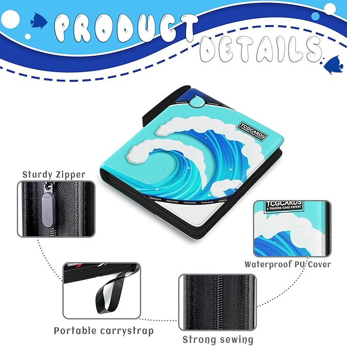 Trading Card Binder 4 Pocket,Card Binder 400 Pockets,Card Book Holder Cards with 50 Removable Sleeves,3-Ring Zip Design MTG/TCG/Sport Collectible Trading Card Albums Gifts for Boys and Girls(Water)