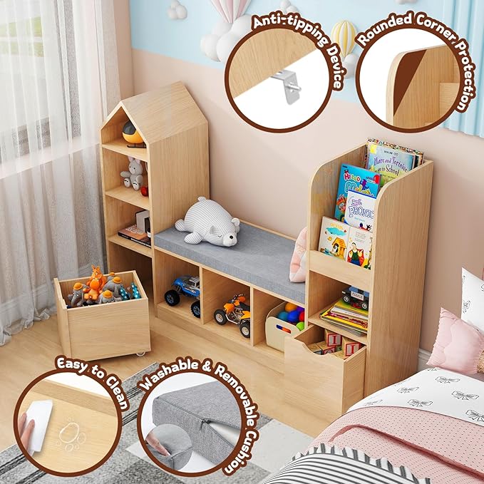Vabches Toy Storage Organizer for Kids Bookshelf with Reading Nook, Multifunctional Kids Bookcase with 7 Storage Cubbies, 2 Movable Drawers and Seat Cushion for Keeping Kids' Toys Books Organized, Oak