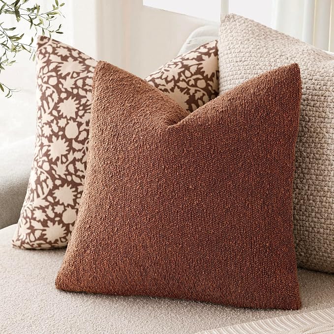 Foindtower Pack of 2 Textured Boucle Throw Pillow Covers Accent Solid Pillow Cases Cozy Soft Decorative Couch Cushion Case for Chair Sofa Bedroom Living Room Home Decor 20x20 Inch Red Taupe