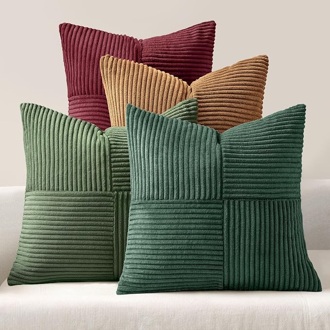 MIULEE Boho Christmas Green Decorative Throw Pillow Covers 18x18 Set of 4 Farmhouse Cushion Covers Color-Clash Corduroy Pillow Cases Modern Soft Corduroy Patchwork Home Decor for Couch Sofa Bedroom