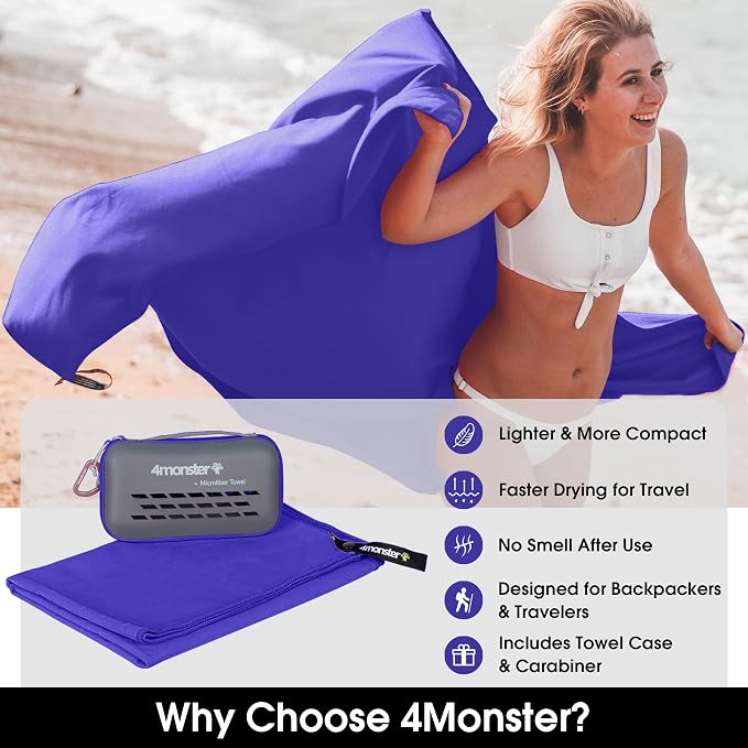 4Monster Quick Dry Travel Towel with Case & Carabiner – Super Absorbent Microfiber Gym & Camping Towel. Compact, Lightweight, Fast Drying for Beach, Swimming, Hiking, Backpacking