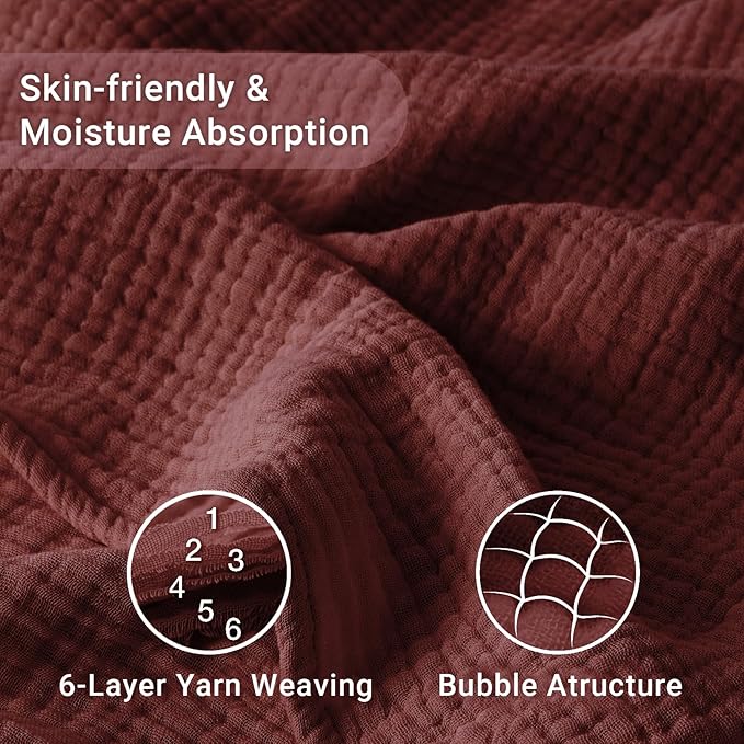 100% Cotton Muslin Blanket King 108" x 90", 6 Layers Breathable and Lightweight Cotton Throw Blankets for Bed, Soft Cooling Summer Gauze Blanket for Adults All Season, Burgundy
