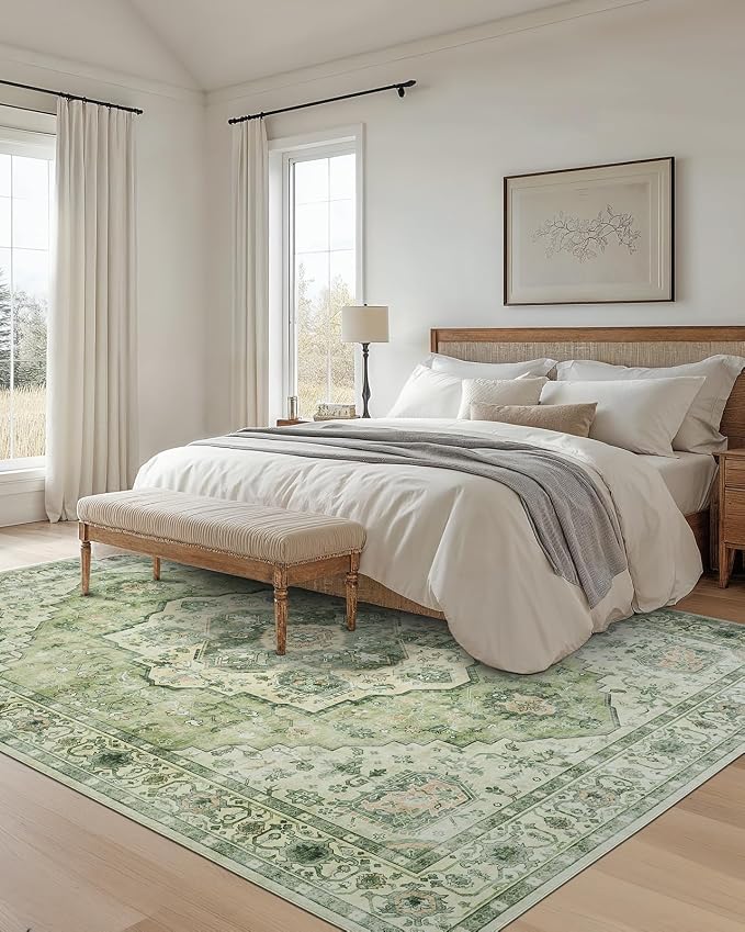 AMADA HOMEFURNISHING 9x12 Area Rug, Washable Low-Profile Large Area Rug with Non-Slip Backing & Durable Edge Binding, Vintage Large Rugs for Living Room, Bedroom