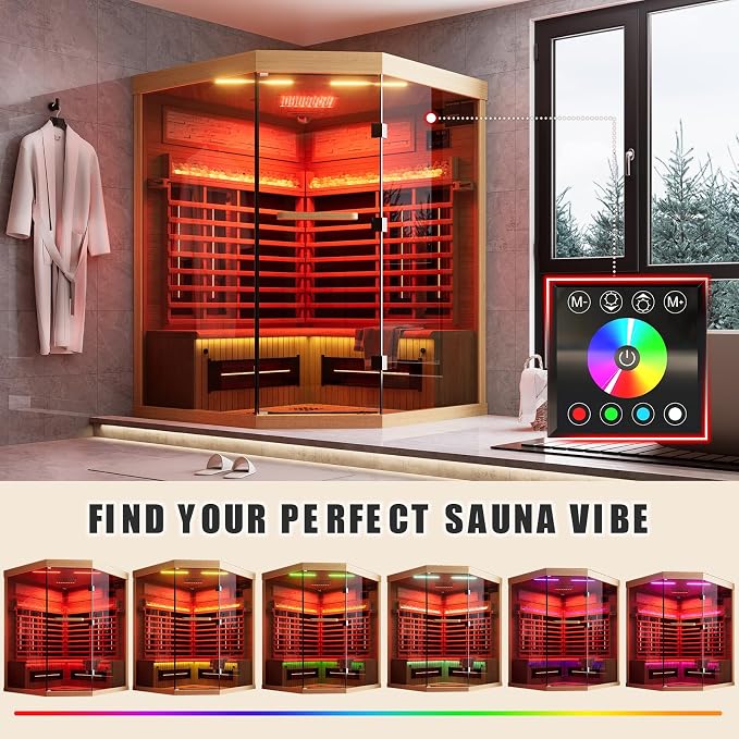 MEISSALIVVE Full Spectrum Infrared Sauna，4 Person Home Sauna，Wooden Canadian Hemlock Luxury Indoor Spa Sauna with Resonance Speaker, Panoramic Tempered Glass Door