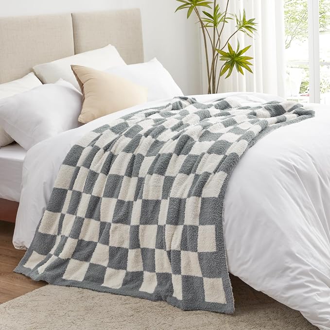 EXQ Home Checkered Throw Blanket, Knitted Blanket with Checkerboard Grid Pattern, Soft Cozy Fluffy Blankets for Couch Bed Sofa, Warm Fuzzy Plaid Blanket for All Seasons(Bluish Grey, 50"×60")