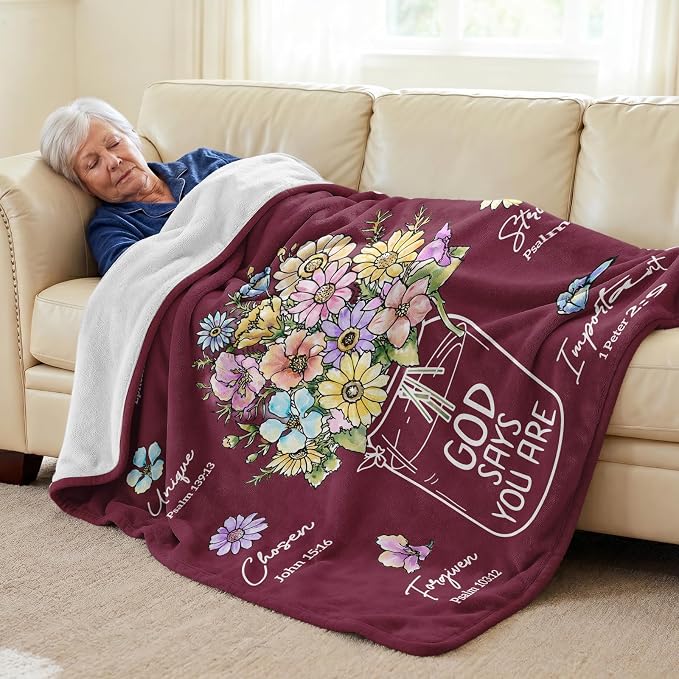 Christian Religious Gifts for Women, Burgundy Christian Blanket 80''x 60'' | Birthday Gifts for Women, Baptism Religious Christmas Day Spiritual Gifts for Grandma Mom Sister, Wine Red Throw Blankets
