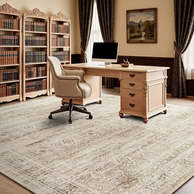 9x12 Area Rug for Living Room, Non-Slip Washable Beige Large Carpet | Soft Neutral Rugs for Bedroom, Dining Room, Home Office Indoor Nursery, Stain Resistant, Low Pile, Vintage Distressed Rug