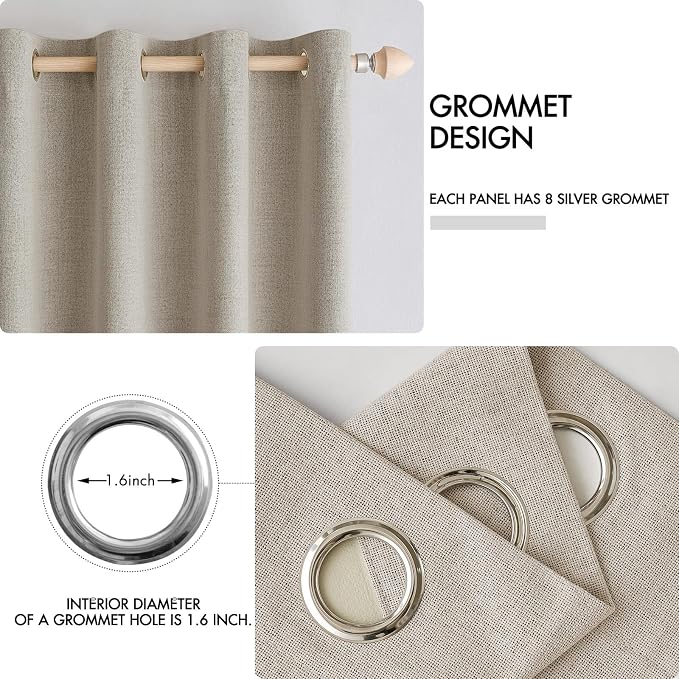 MIULEE 100% Blackout Linen Textured Curtains for Bedroom Solid Thermal Insulated Pebble Taupe Grommet Room Darkening Curtains & Drapes Luxury Decor for Living Room 52 x 108 Inch (2 Panels)