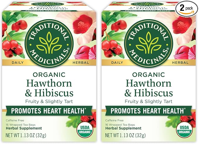 Traditional Medicinals Tea, Organic Hawthorn & Hibiscus - Promotes Heart Health - Kosher, Non-GMO, Caffeine-Free - 16 Tea Bags (Pack of 2)