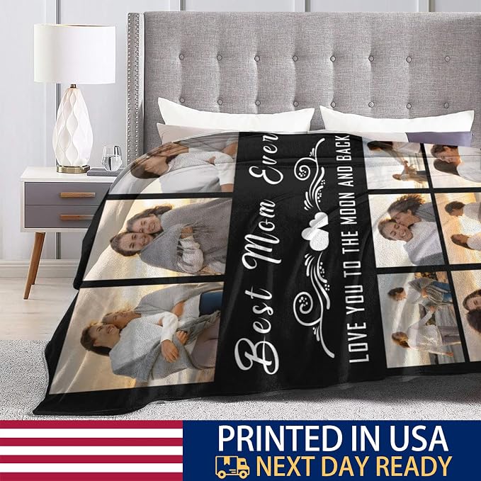 Gifts for Mom Custom Blanket with 9 Photo & Text, Personalized Birthday Blanket with Picture for Mother, HD Printing Customized Flannel Throw Blanket Gifts for Best Mom Ever