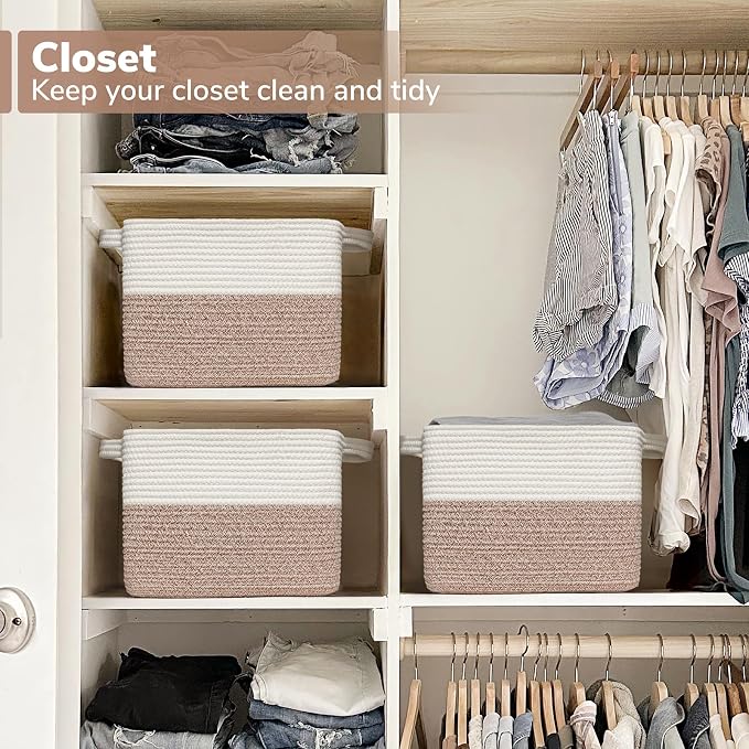 Goodpick Woven Storage Basket for Shelves, 13" x 10" x 9", Brown | Stylish Gift Basket for Home Decor, Cotton Rope Baskets for Toys, Books & Towels, Nursery & Bedroom Closet Organization