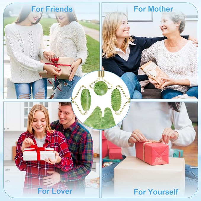 Jade Roller & Gua Sha Set 5-in-1, Full Body Massage Tools | Cool natural Xiuyan jade for depuffing facial massage, portable travel skincare kit, ideal stocking stuffer gifts for women