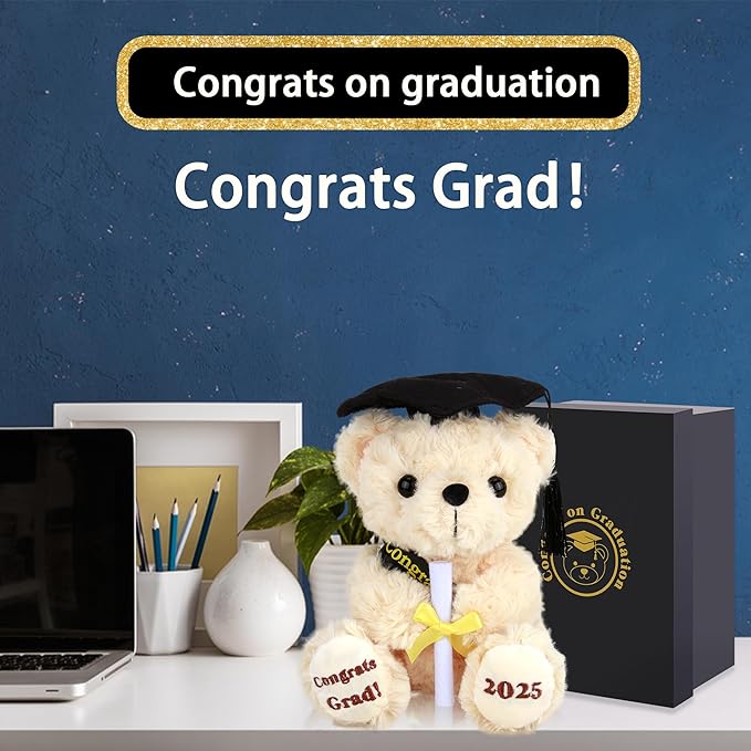 Graduation Gifts Teddy Bear Graduation Stuffed Animal Class of 2025 - Kindergarten High School Graduation Gift for Her Him Girls Boys - 8 Inch Soft Congrats Grad Bear Toy with Cap & Certificate