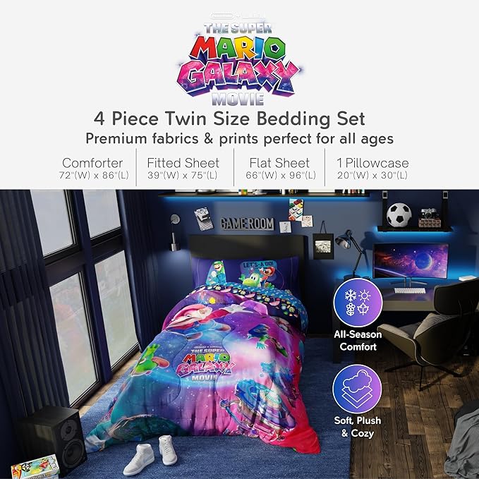 The Super Mario Galaxy Movie Bedding Set, Twin Size 4 Piece Kids Super Soft Cozy Reversible Comforter and Sheet Set, (Officially Licensed Product) By Franco | Durable, Reversible, Officially Licensed