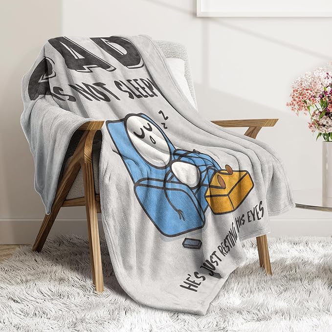 Funny Birthday Gift for Dad Husband, Dad is Not Sleeping Blanket | Dad Gifts from Daughter Son, Super Soft Throws Blanket for Couch and Napping, 60" x 50" (Gray)