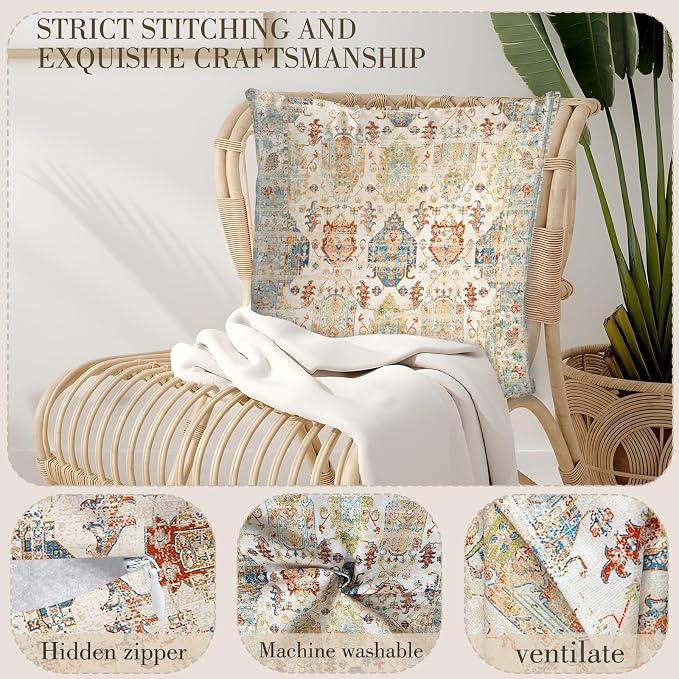 Boho Floral Throw Pillow Covers 18x18 inch Set of 2,Beige Boho Rug Geometric Floral Pattern Decor Double Sided Pattern Cushion Cover Soft Pillow Case Living Sofa Room Bed Square Pillow Cover