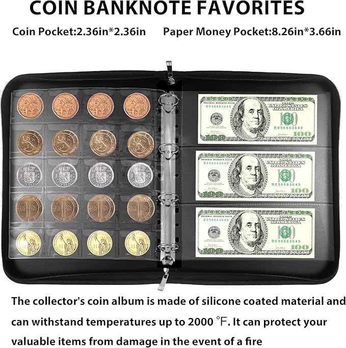 Coin Collection Book Album Holder for Collectors, 400 Pockets Fireproof Coin Collection Book & 36 Paper Money Organizer Binder for Coin Currency Collection Supplies,Bill,Pennies,Badges,Tokens