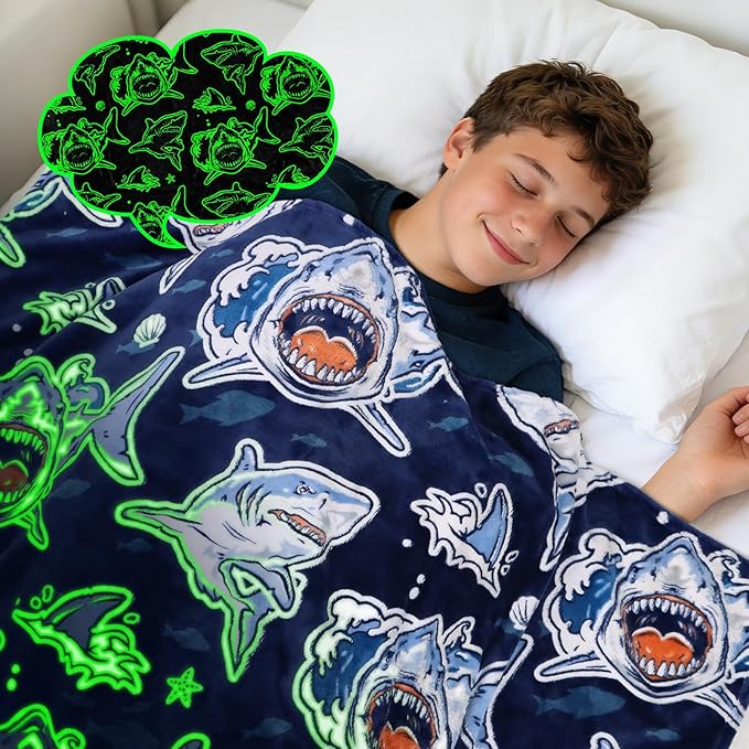 Shark Throw Blanket for Boys, Glow in the Dark Fish Blanket for Bedroom Travel, Cozy Soft Warm Ocean Animal Fleece Throws for Home Room Decor, Shark Boys Toys Gifts for Kids Toddlers, 50"x60"
