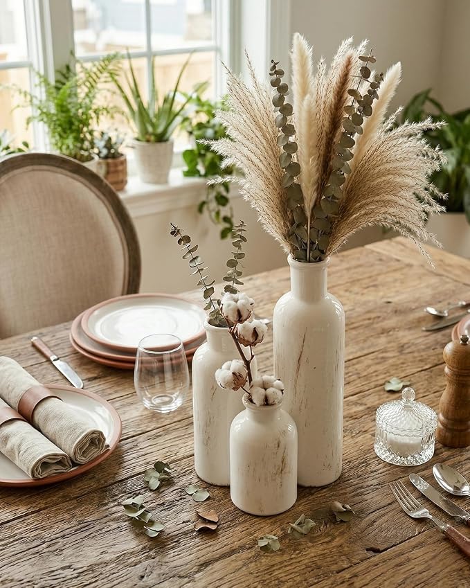 White Ceramic Vase Set of 3, Vintage Vases for Flowers and Home Decor | Distressed crackle glaze for tables, bookshelves, mantels, kitchens and offices