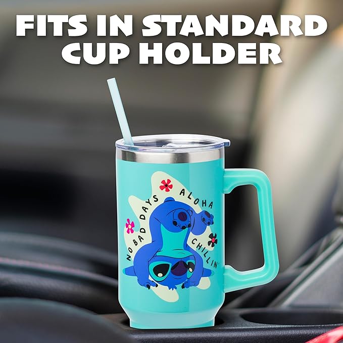 Silver Buffalo Disney Lilo and Stitch Aloha No Bad Days Chillin’ Double Walled Stainless Steel Tumbler with Handle and Straw, Fits in Standard Cup Holder, 40 Ounces