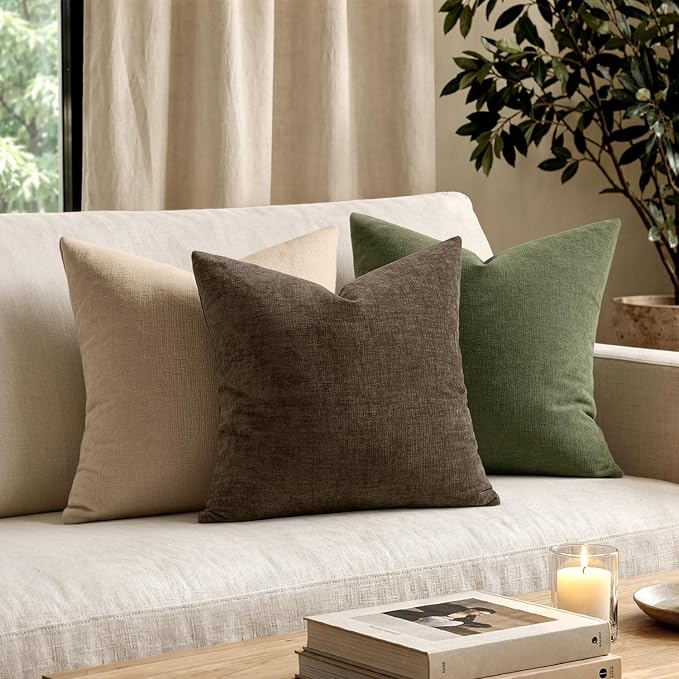 MIULEE Chocolate Brown Chenille Couch Throw Pillow Covers, 18x18 | Set of 2, Modern Farmhouse Rustic Style, Decorative Pillowcases for Sofa Living Room Bed, Home Decor