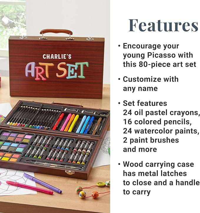 Let's Make Memories Personalized 80-Piece Deluxe Art Set - for Kids - Wood Carrying Case - Oil Crayons, Colored Pencils, Watercolors - Arts & Crafts - Palette Design - Add Name - My Art Set