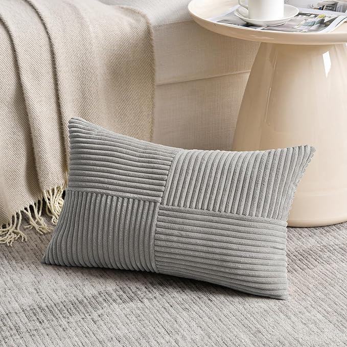 Fancy Homi 2 Packs Grey Lumbar Decorative Throw Pillow Covers 16x28 Inch for Living Room Couch Bed Sofa, Rustic Farmhouse Boho Home Decor, Soft Striped Corduroy Rectangle Accent Cushion Case 40x70 cm